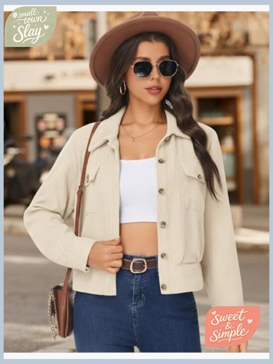 Cropped Corduroy Shacket Button Down Jacket Long Sleeve Casual Fall Winter - Picture 3 of 6